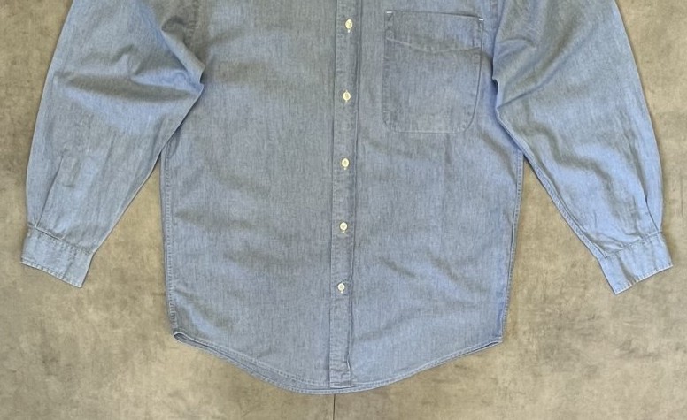 画像: 90'S EDDIE BAUER 白タグ シャンブレー バンドカラーシャツ ブルー (VINTAGE)