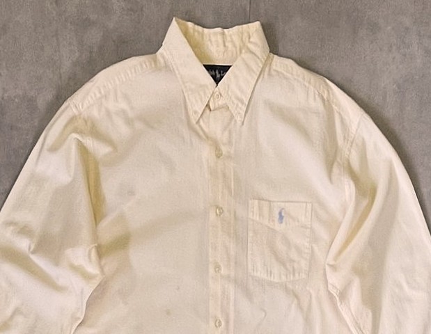 画像: 90'S RALPH LAUREN "GREGGOR" シアサッカー 三点留めボタンダウン ボックスシャツ ライトイエロー (VINTAGE)