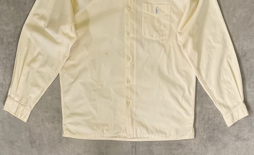 画像: 90'S RALPH LAUREN "GREGGOR" シアサッカー 三点留めボタンダウン ボックスシャツ ライトイエロー (VINTAGE)