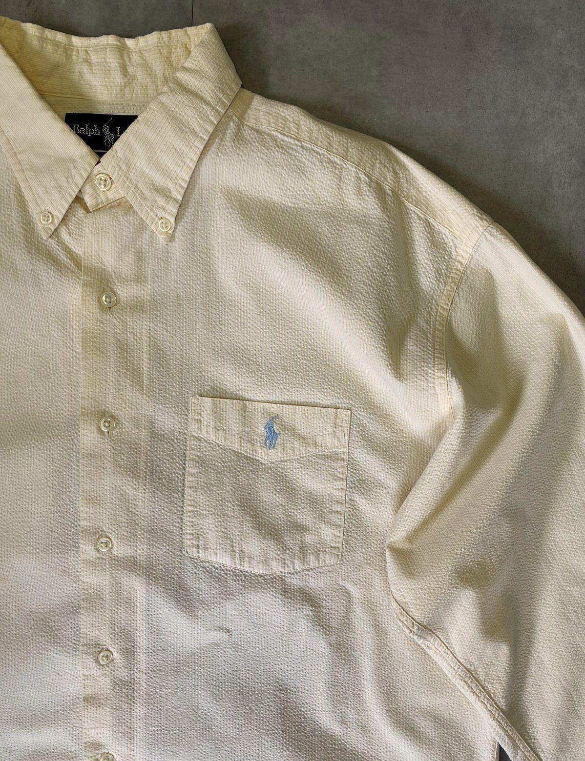 画像: 90'S RALPH LAUREN "GREGGOR" シアサッカー 三点留めボタンダウン ボックスシャツ ライトイエロー (VINTAGE)