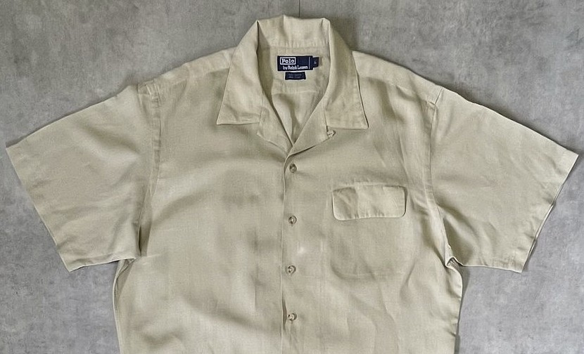 画像: 90'S RALPH LAUREN レーヨン/リネン 片側フラップ付きポケット 半袖 オープンカラーシャツ ライトカーキ (VINTAGE)