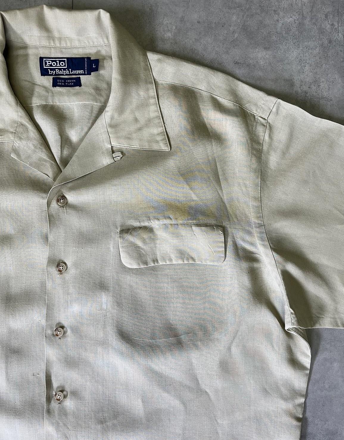 画像: 90'S RALPH LAUREN レーヨン/リネン 片側フラップ付きポケット 半袖 オープンカラーシャツ ライトカーキ (VINTAGE)