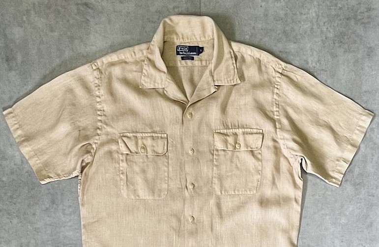画像: 90'S RALPH LAUREN リネン フラップ付きポケット 半袖 オープンカラーシャツ ベージュ (VINTAGE)