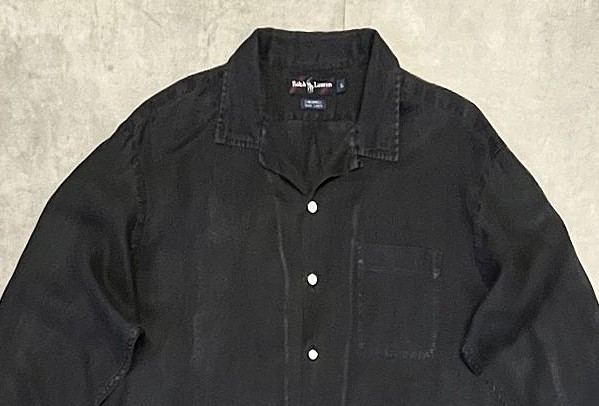 画像: 90'S RALPH LAUREN "CALDWELL" ロゴ無し無地 リネン オープンカラーシャツ ブラック (VINTAGE)