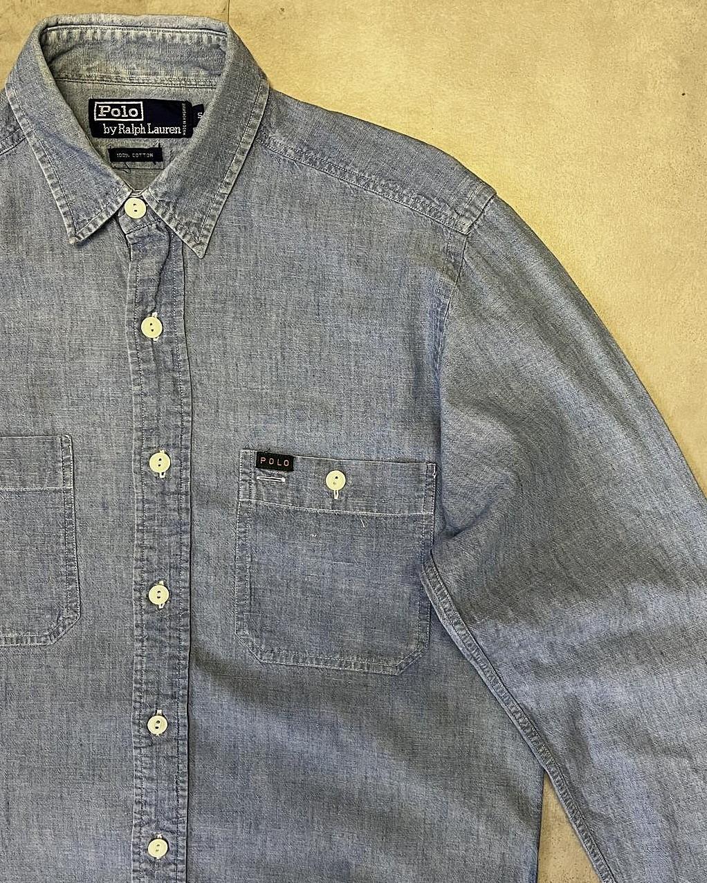 画像: 90'S RALPH LAUREN 猫目ボタン シャンブレーシャツ ブルー (VINTAGE)