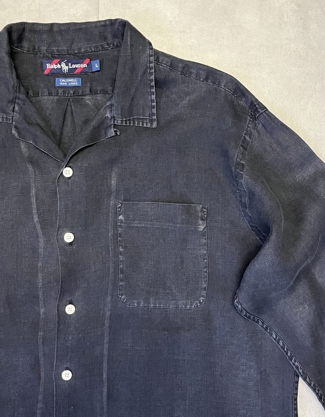 画像: 90'S RALPH LAUREN "CALDWELL" ロゴ無し無地 リネン オープンカラーシャツ ブラック (VINTAGE)