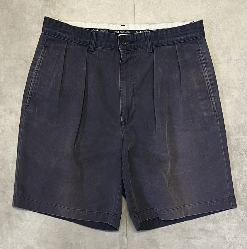 画像1: 90'S RALPH LAUREN "TYLER SHORT" ツープリーツ チノショーツ フェードネイビー (VINTAGE)
