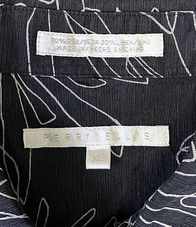 画像2: 90'S PERRY ELLIS シルク/リネン 半袖 シャツ ブラック/ホワイト 総柄 (VINTAGE)