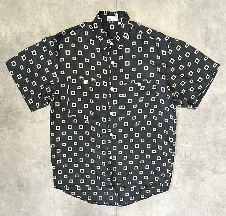 画像1: AVANTI シルク100% 半袖 シャツ チャコール/ホワイト 総柄 (VINTAGE)
