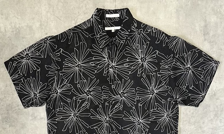 画像: 90'S PERRY ELLIS シルク/リネン 半袖 シャツ ブラック/ホワイト 総柄 (VINTAGE)