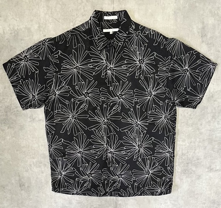 画像1: 90'S PERRY ELLIS シルク/リネン 半袖 シャツ ブラック/ホワイト 総柄 (VINTAGE)