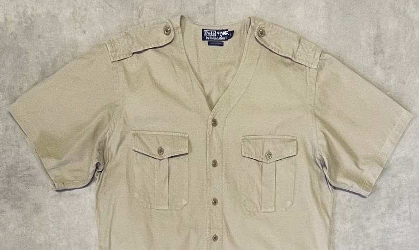 画像: 90'S RALPH LAUREN ノーカラー Vネック 半袖 サファリシャツ ベージュ (VINTAGE)