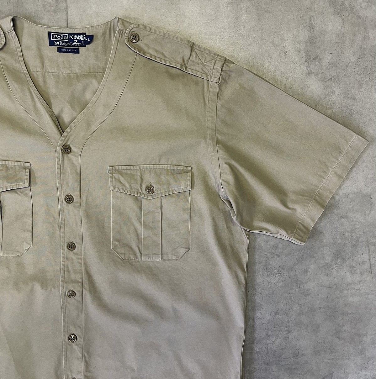 画像3: 90'S RALPH LAUREN ノーカラー Vネック 半袖 サファリシャツ ベージュ (VINTAGE)