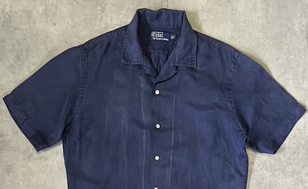 画像: 90'S RALPH LAUREN シルク/リネン 裾ロゴ 半袖 オープンカラーシャツ ネイビー (VINTAGE)
