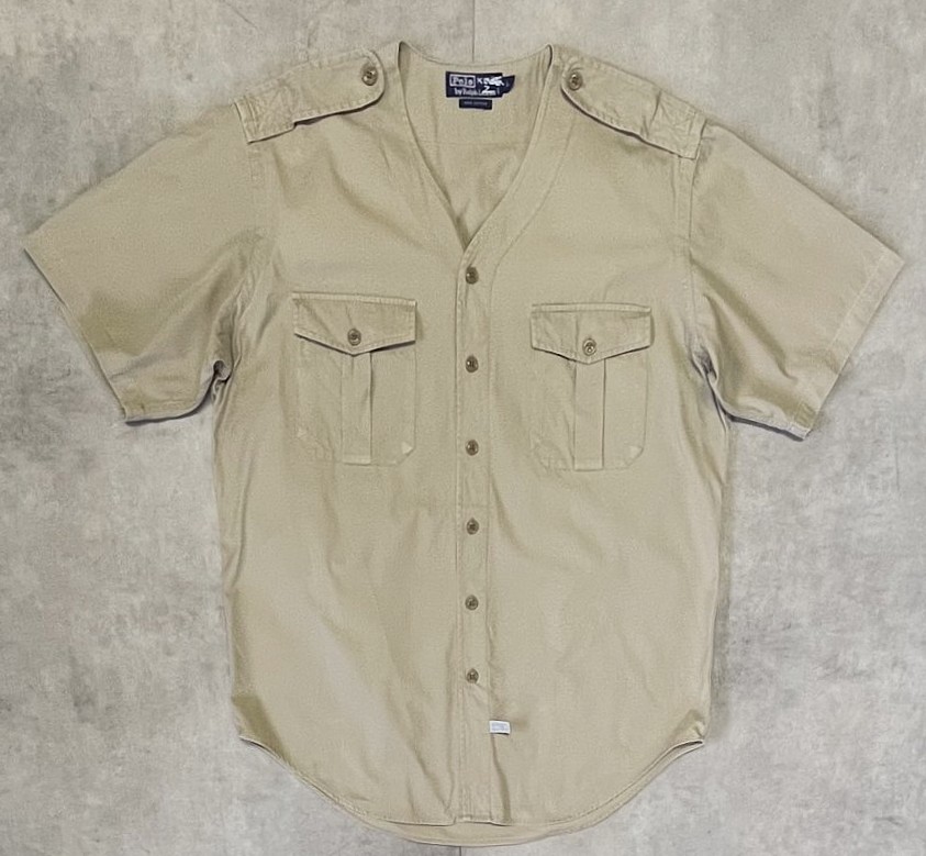 画像1: 90'S RALPH LAUREN ノーカラー Vネック 半袖 サファリシャツ ベージュ (VINTAGE)