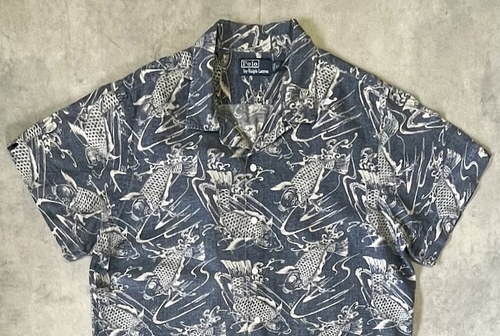 画像: 90'S RALPH LAUREN リネン/コットン 半袖 オープンカラーシャツ インディゴ/鯉柄 (VINTAGE)