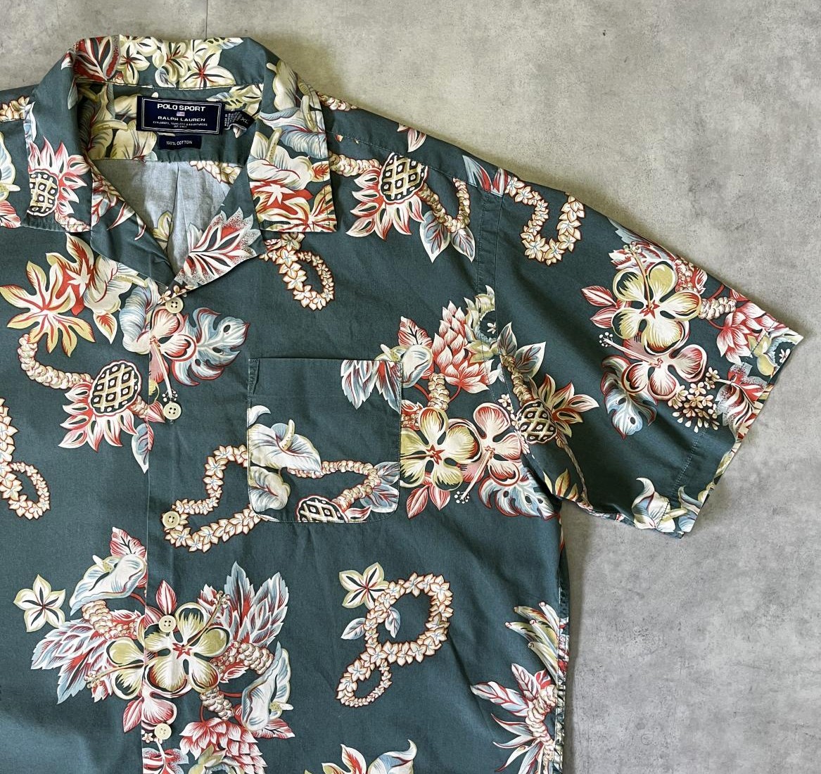 画像: 90'S RALPH LAUREN "POLO SPORT" コットン 半袖 オープンカラーシャツ オリーブ/花柄 (VINTAGE)