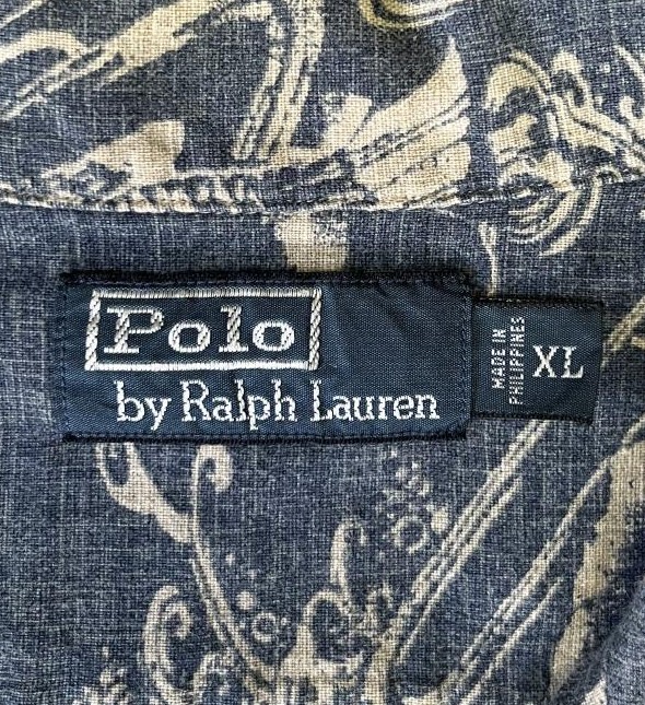 画像2: 90'S RALPH LAUREN リネン/コットン 半袖 オープンカラーシャツ インディゴ/鯉柄 (VINTAGE)