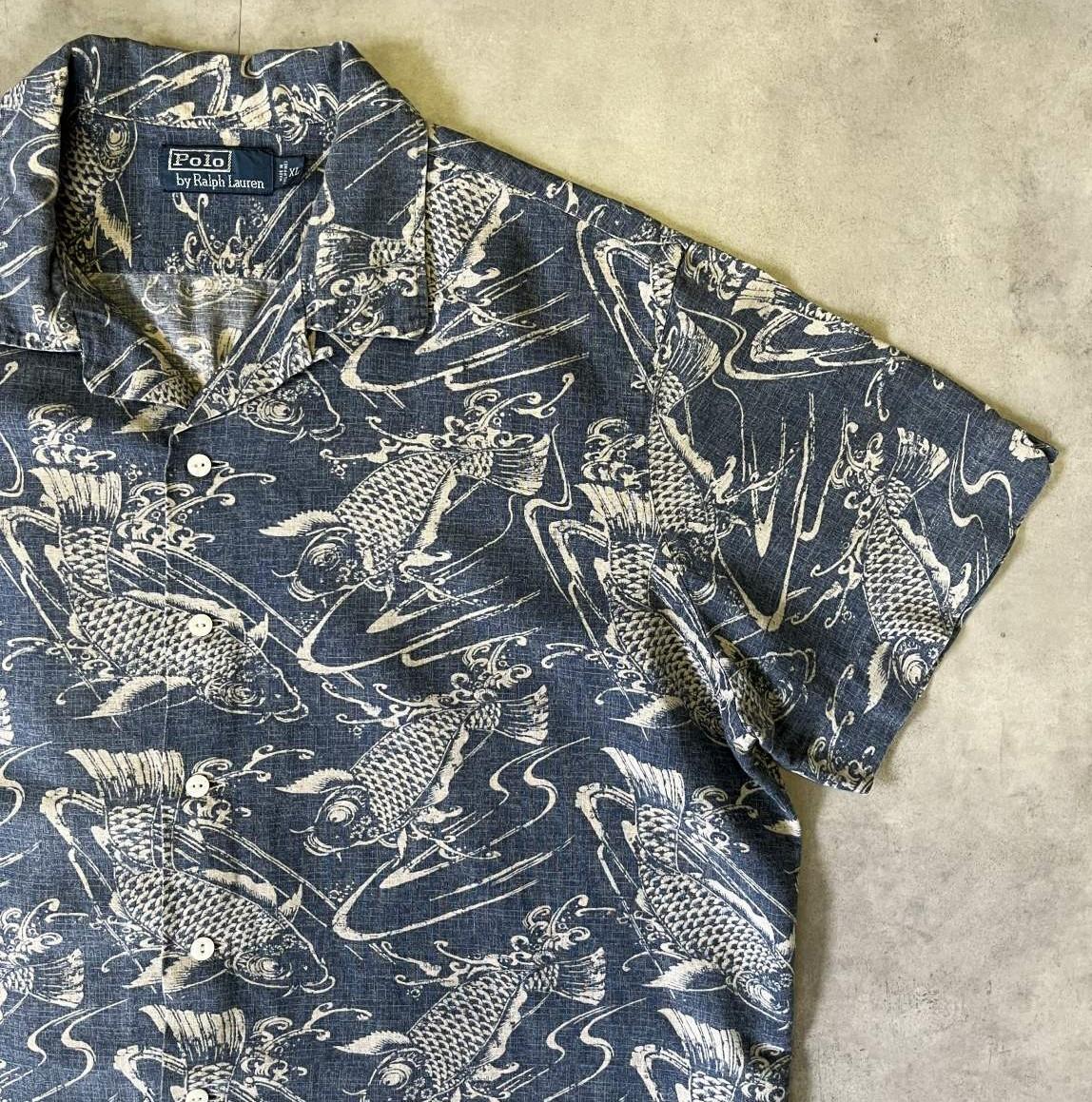 画像: 90'S RALPH LAUREN リネン/コットン 半袖 オープンカラーシャツ インディゴ/鯉柄 (VINTAGE)