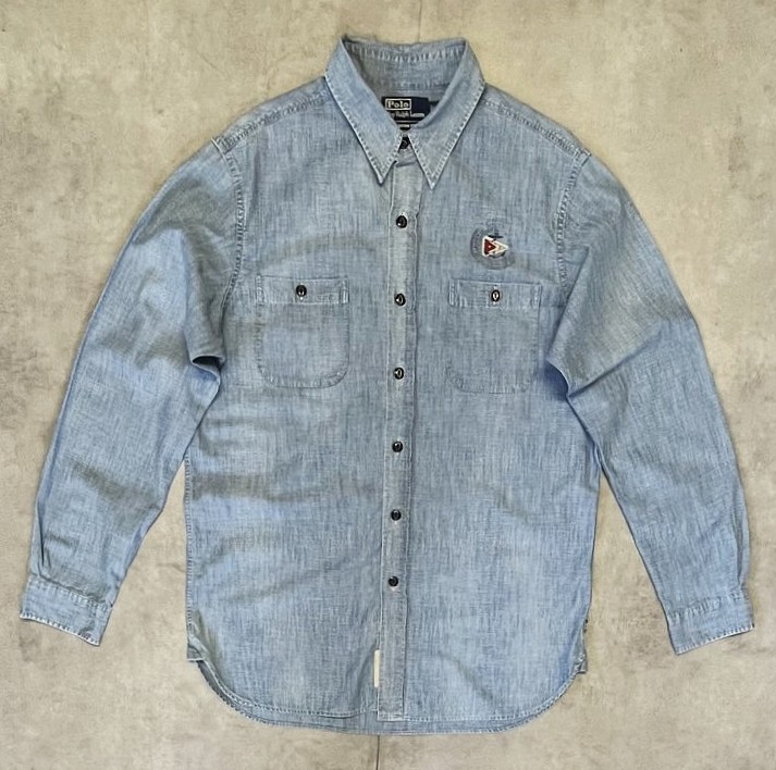 画像1: 90'S RALPH LAUREN 猫目メタルボタン チンスト＆マチ付き シャンブレーシャツ ブルー (VINTAGE)
