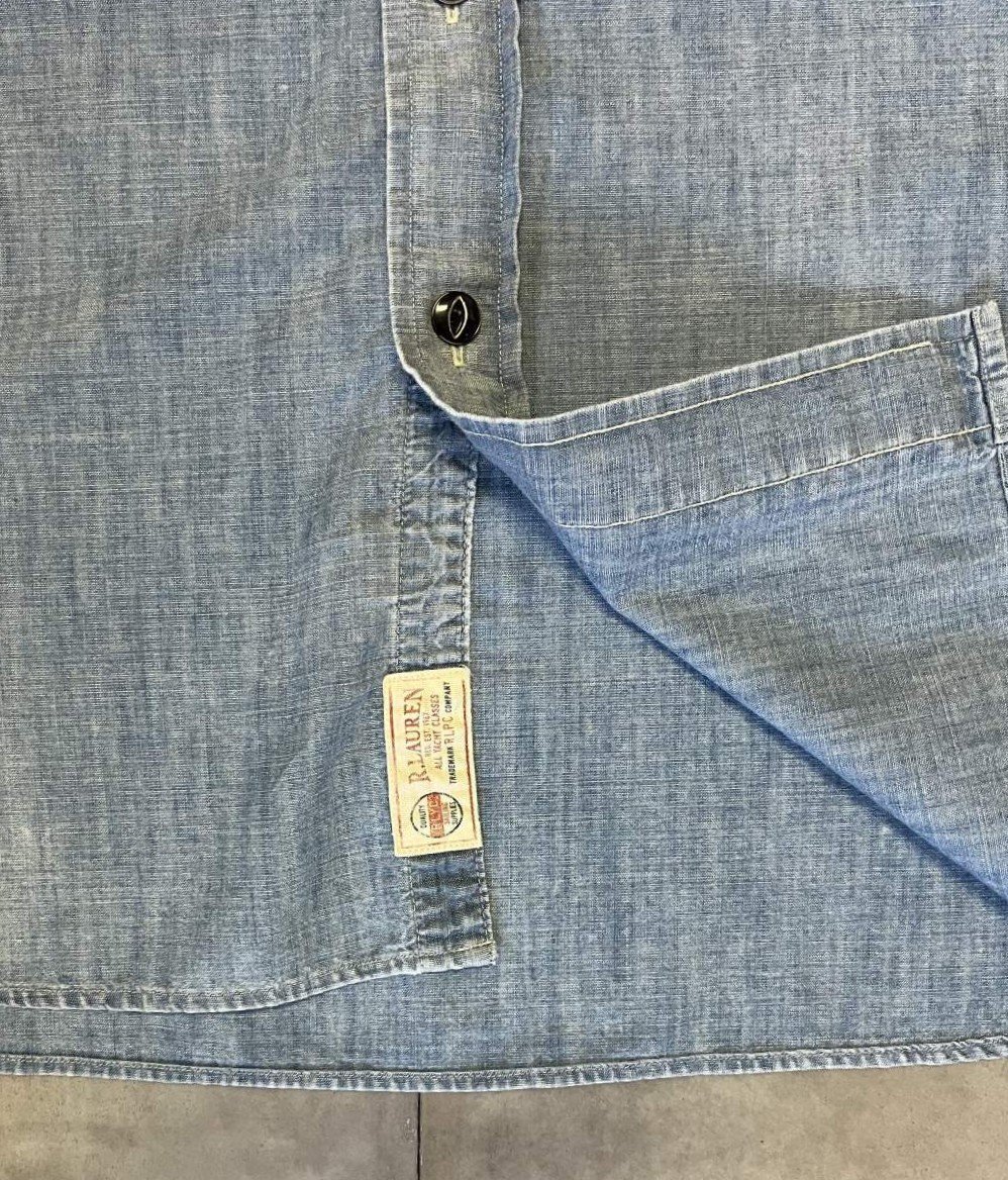 画像5: 90'S RALPH LAUREN 猫目メタルボタン チンスト＆マチ付き シャンブレーシャツ ブルー (VINTAGE)