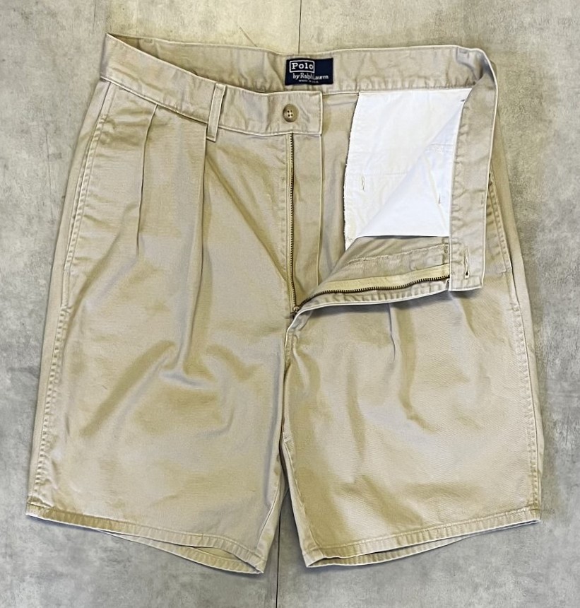 画像3: 90'S RALPH LAUREN "ボックスロゴ" ツープリーツ チノショーツ ベージュ TALONジップ USA製 (VINTAGE)