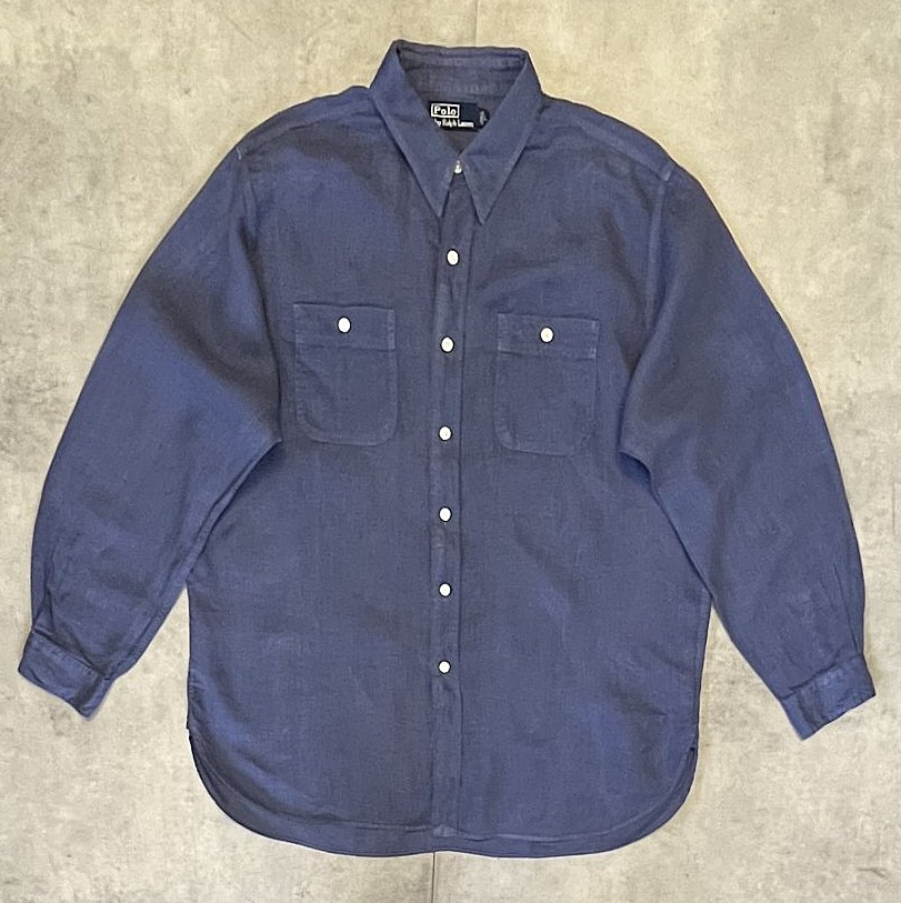 画像1: 90'S RALPH LAUREN チンスト＆マチ付き リネンシャツ ダークブルー (VINTAGE)