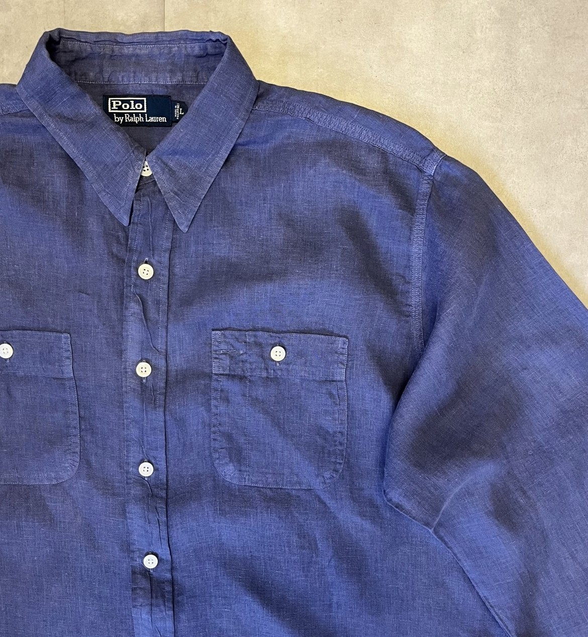 画像: 90'S RALPH LAUREN チンスト＆マチ付き リネンシャツ ダークブルー (VINTAGE)