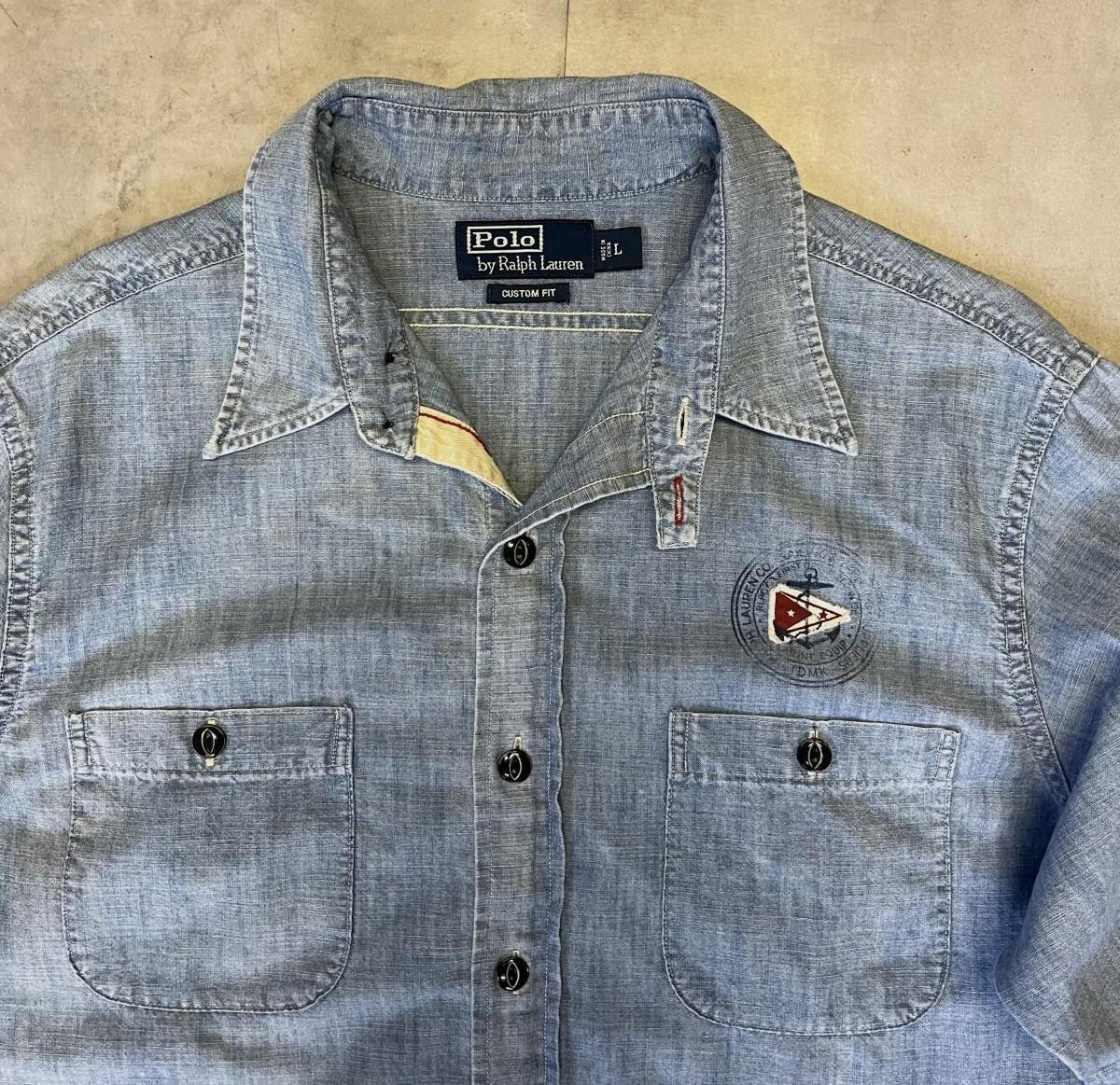 画像3: 90'S RALPH LAUREN 猫目メタルボタン チンスト＆マチ付き シャンブレーシャツ ブルー (VINTAGE)