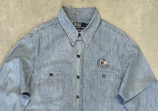 画像: 90'S RALPH LAUREN 猫目メタルボタン チンスト＆マチ付き シャンブレーシャツ ブルー (VINTAGE)