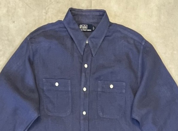 画像: 90'S RALPH LAUREN チンスト＆マチ付き リネンシャツ ダークブルー (VINTAGE)