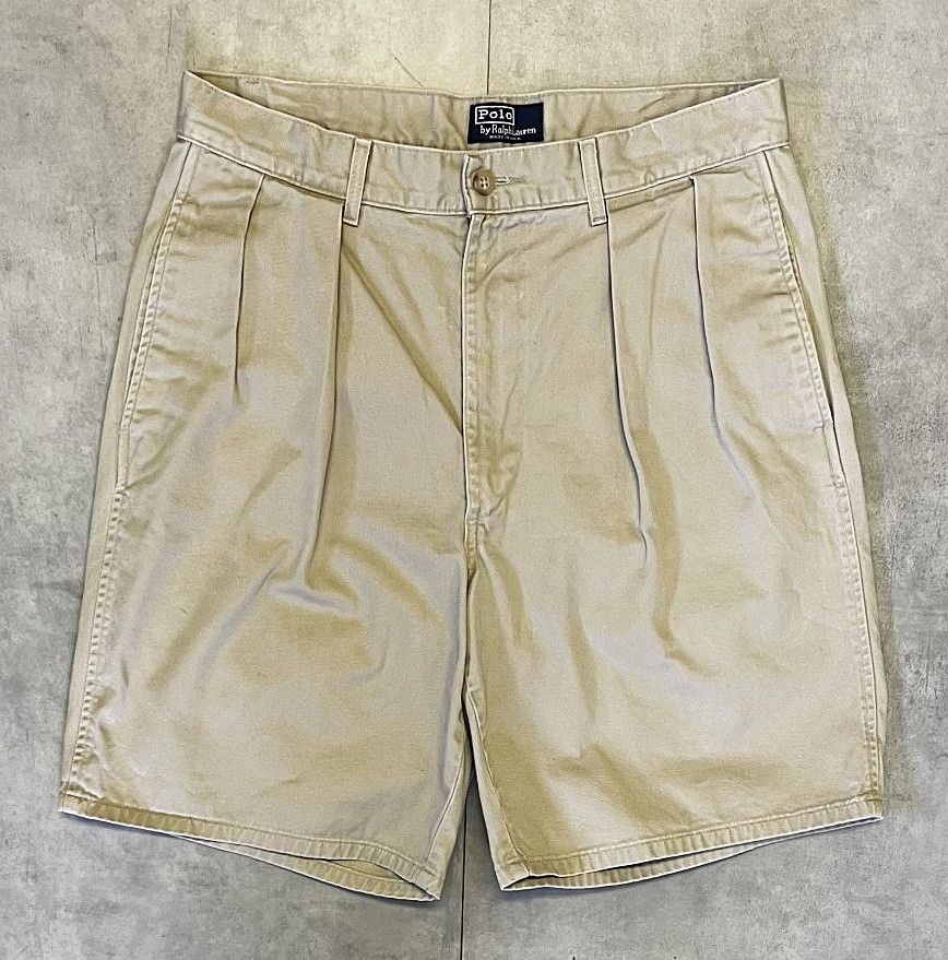 画像1: 90'S RALPH LAUREN "ボックスロゴ" ツープリーツ チノショーツ ベージュ TALONジップ USA製 (VINTAGE)