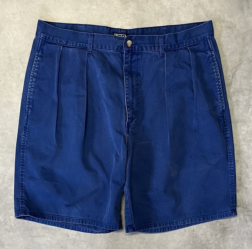 画像1: 90'S RALPH LAUREN "ボックスロゴ" ツープリーツ チノショーツ ダークブルー (VINTAGE)