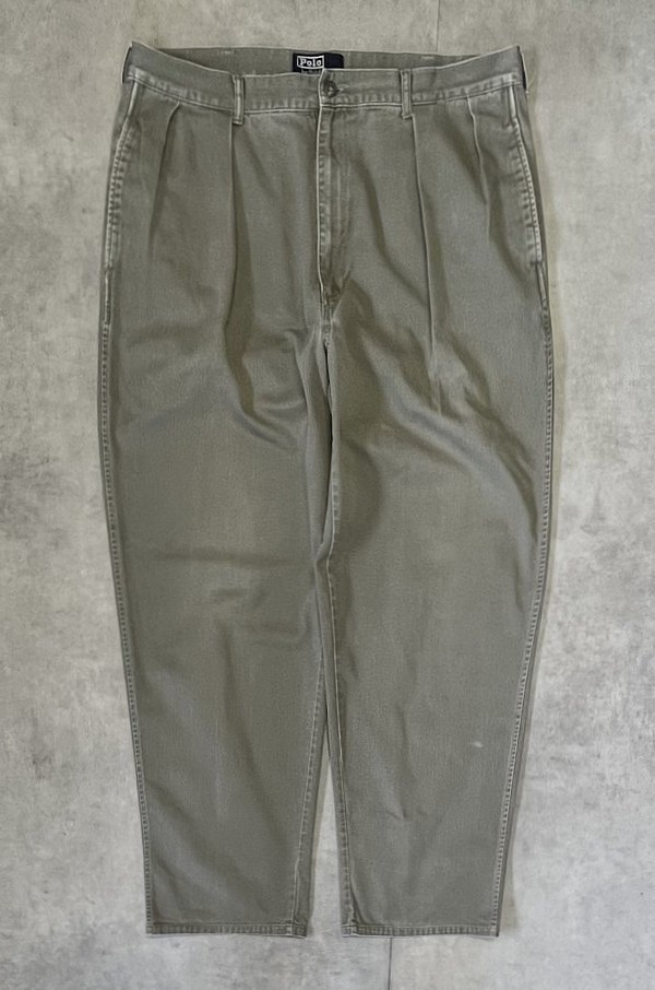 画像1: 90'S RALPH LAUREN "ボックスロゴ" ツープリーツ チノパンツ カーキ (VINTAGE)