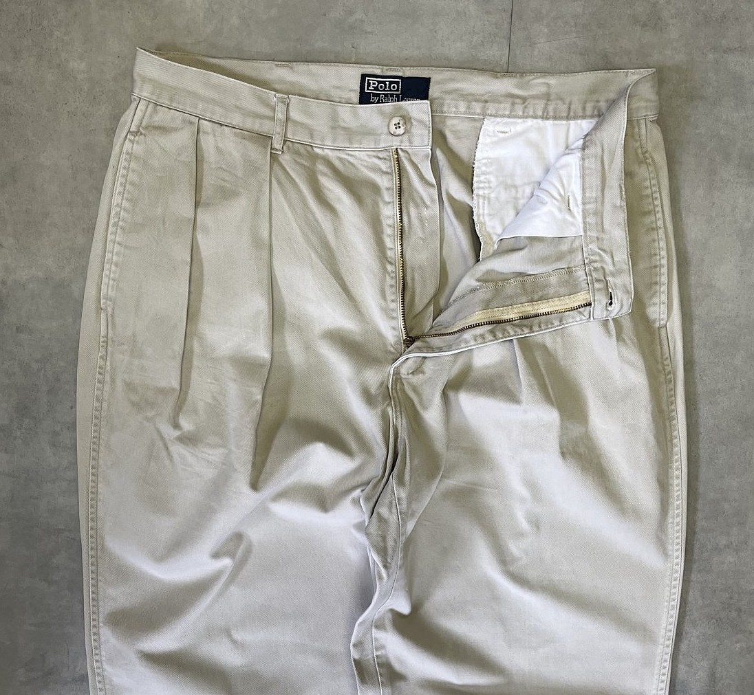 画像: 90'S RALPH LAUREN "ボックスロゴ" ツープリーツ チノパンツ ライトベージュ (VINTAGE)