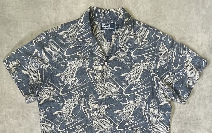 画像: 90'S RALPH LAUREN リネン/コットン 半袖 オープンカラーシャツ インディゴ/鯉柄 (VINTAGE)