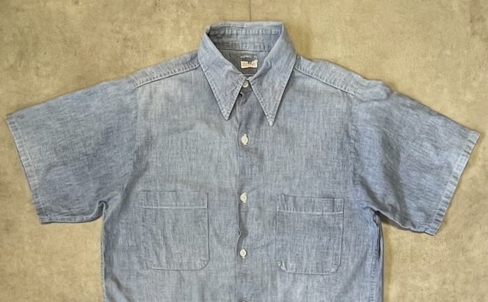 画像: 60'S UNKNOWN コットン100% 半袖 耳付きシャンブレーシャツ ブルー (VINTAGE)