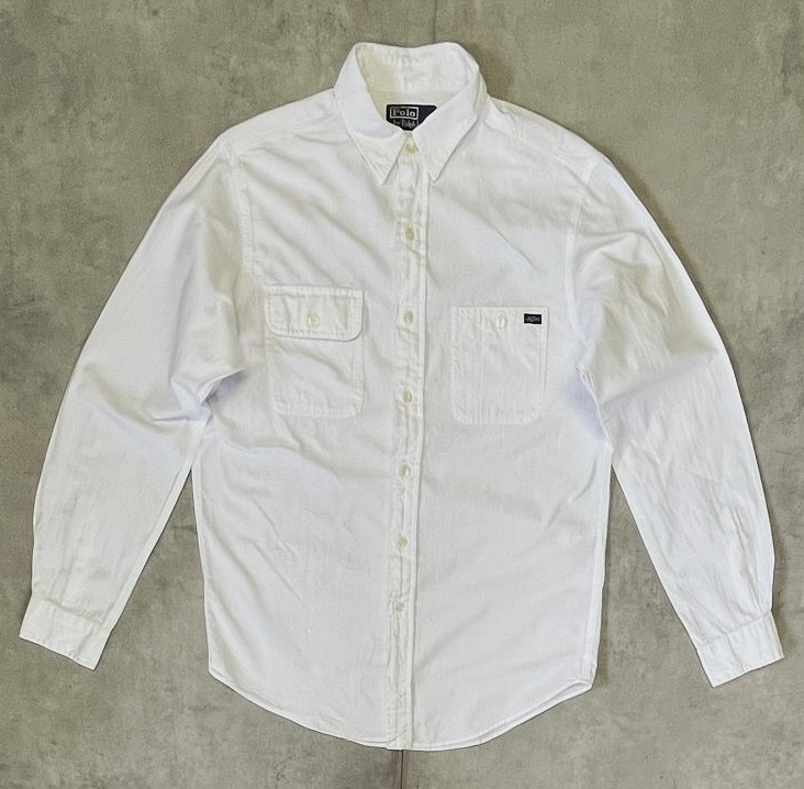 画像1: 90'S RALPH LAUREN 片側フラップ付きポケット 猫目ボタン ワークシャツ ホワイト (VINTAGE)