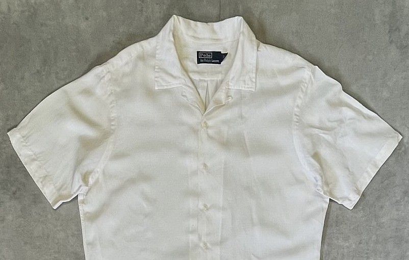 画像: 90'S RALPH LAUREN シルク/リネン 裾ロゴ 半袖 オープンカラーシャツ オフホワイト (VINTAGE)