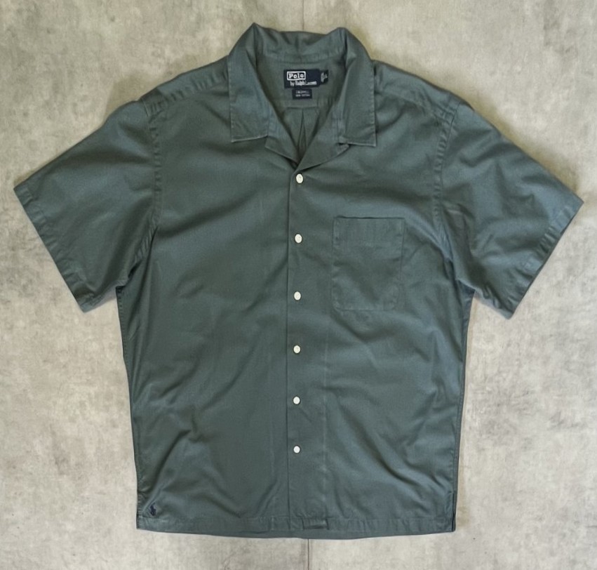 画像1: 90'S RALPH LAUREN "CALDWELL" コットン 裾ロゴ 半袖 オープンカラーシャツ カーキ (VINTAGE)