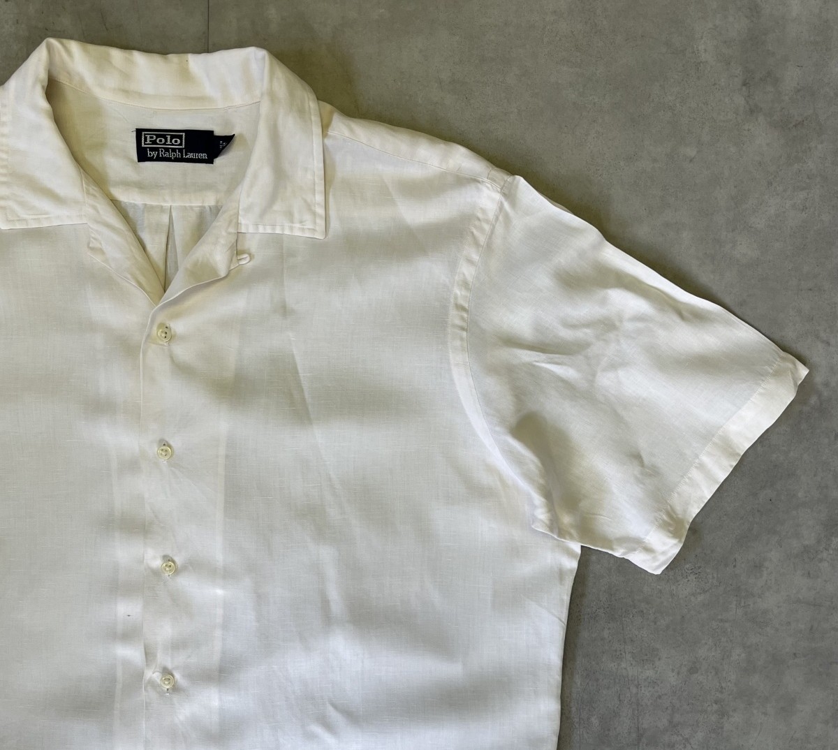 画像: 90'S RALPH LAUREN シルク/リネン 裾ロゴ 半袖 オープンカラーシャツ オフホワイト (VINTAGE)