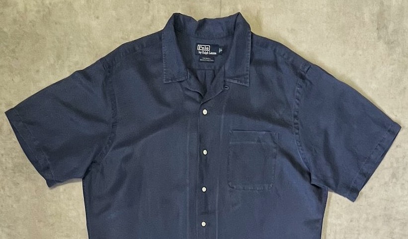 画像: 90'S RALPH LAUREN "CALDWELL" シルク/リネン 裾ロゴ 半袖 オープンカラーシャツ ネイビー (VINTAGE)