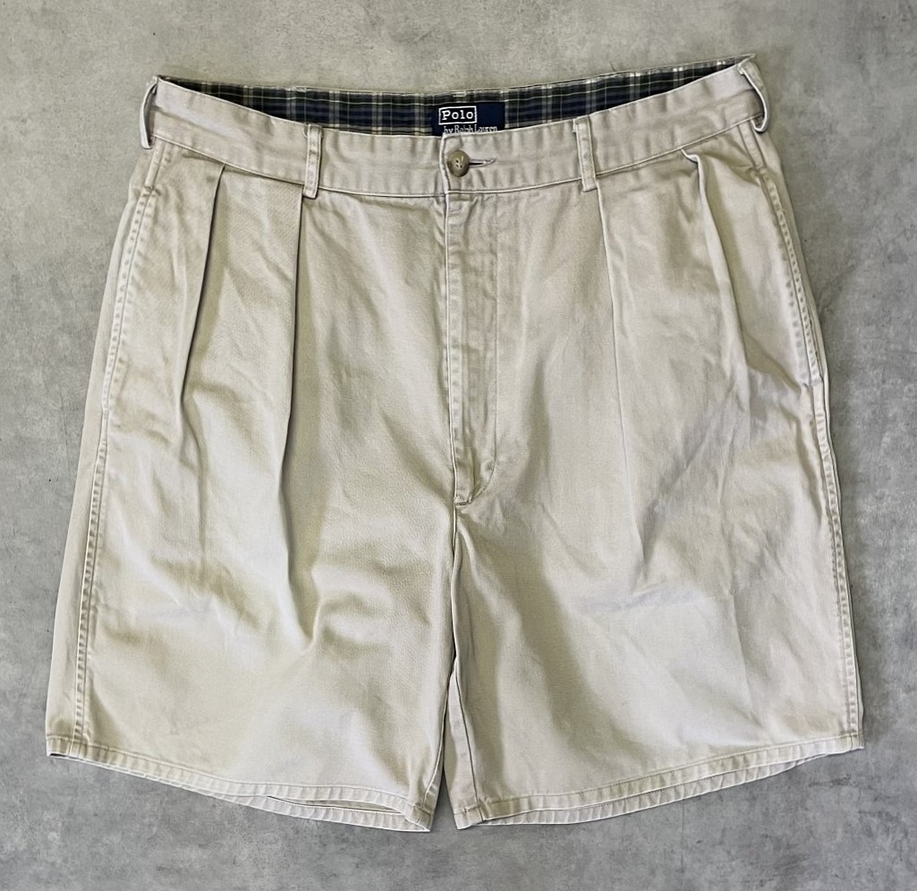 画像1: 90'S RALPH LAUREN "クレストロゴ" ツープリーツ チノショーツ ベージュ USA製 (VINTAGE)