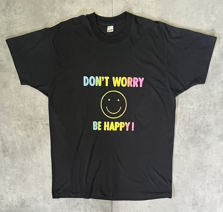 画像1: 80'S DON'T WORRY BE HAPPY! シングルステッチ 発泡プリント 半袖 Tシャツ ブラック USA製 (VINTAGE)