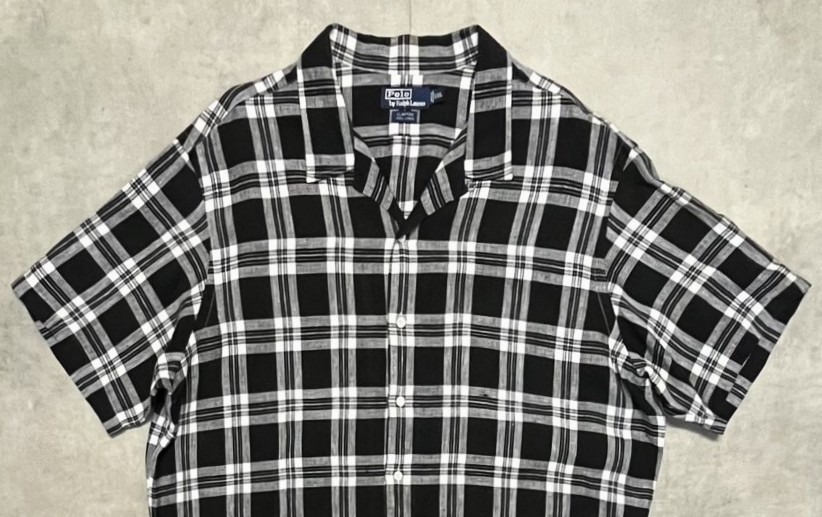 画像: 90'S RALPH LAUREN "CLAYTON" リネン ロゴ無し 半袖 オープンカラーシャツ ブラック/ホワイト (VINTAGE)