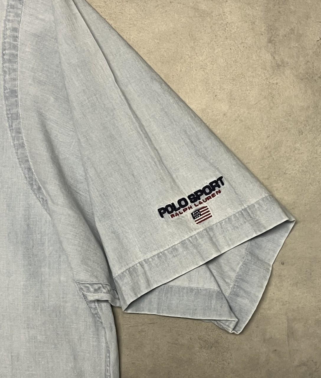 画像4: 90'S RALPH LAUREN POLO SPORT チンスト付き ハーフジップ 半袖 シャンブレーシャツ ブルー (VINTAGE)