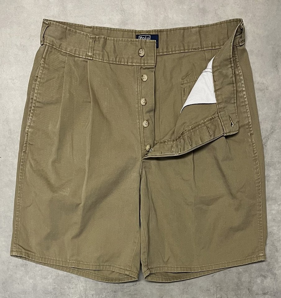 画像3: 90'S RALPH LAUREN ボタンフライ ツープリーツ ミリタリーチノショーツ タン USA製 (VINTAGE)