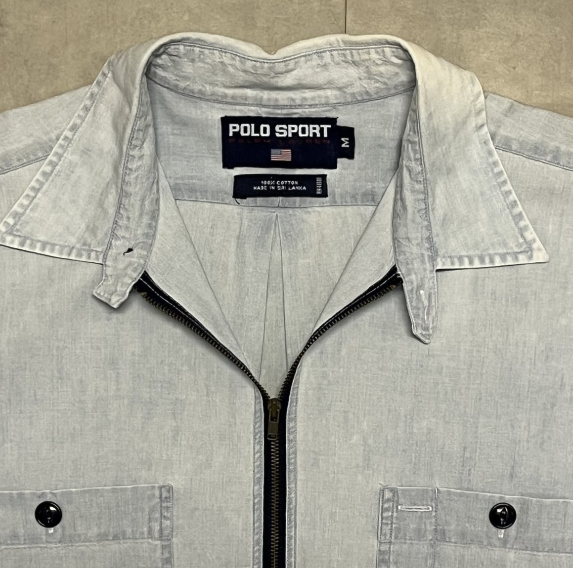 画像3: 90'S RALPH LAUREN POLO SPORT チンスト付き ハーフジップ 半袖 シャンブレーシャツ ブルー (VINTAGE)