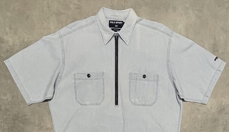 画像: 90'S RALPH LAUREN POLO SPORT チンスト付き ハーフジップ 半袖 シャンブレーシャツ ブルー (VINTAGE)
