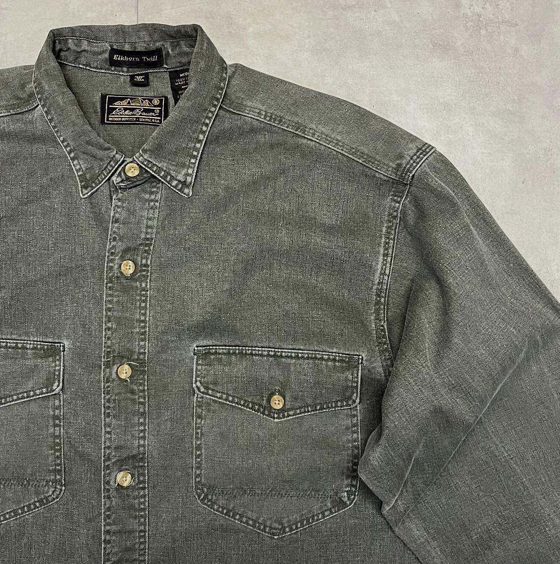 画像: 90'S EDDIE BAUER "ELKHORN TWILL" 黒タグ ワークシャツ カーキ USA製 (VINTAGE)
